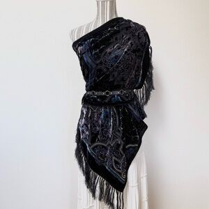 Vintage Whimsygoth Style Silk Velvet Burnout Scarf Black Blue Fringe Boho Shawl